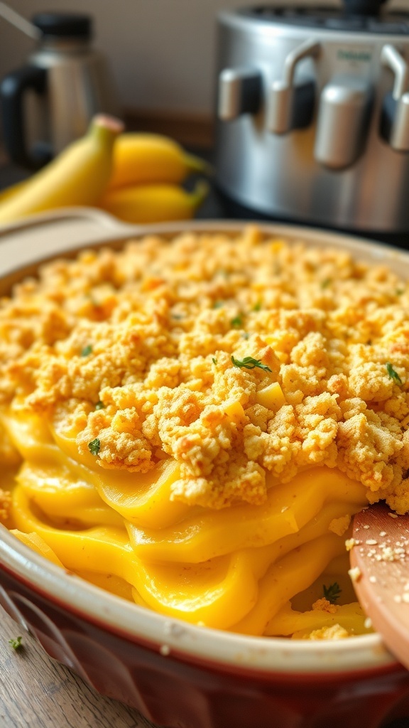 A delicious yellow squash casserole with cheese and breadcrumbs in a rustic dish.